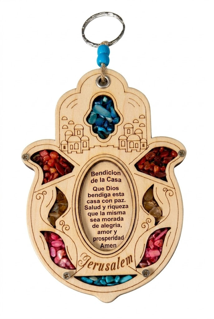 Hamsa de madeira com bênção da casa em espanhol